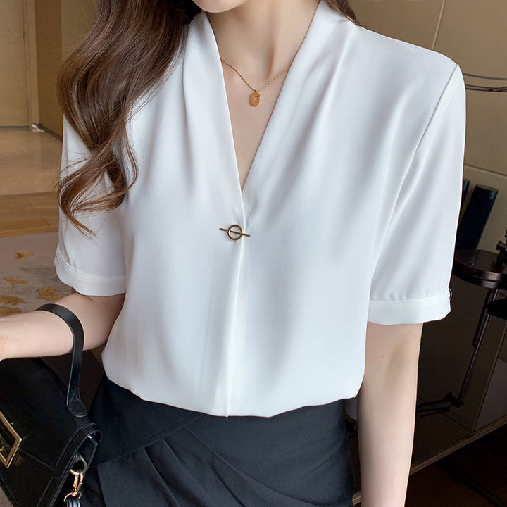 Damen Bluse mit elegantem V-Ausschnitt und schickem Pin-Verschluss Drune