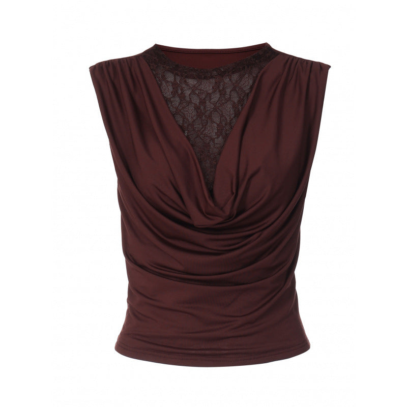 Damen Elegantes Oberteil mit Drapierung und Spitzeneinsatz Drune