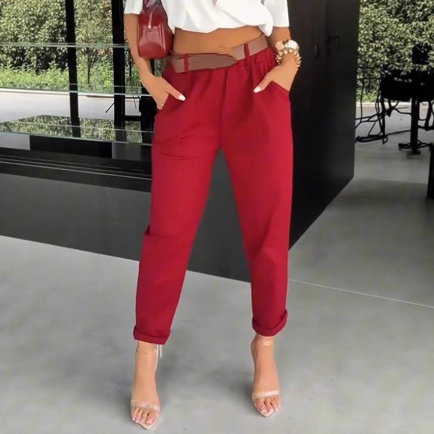 Damen moderne Chinohose mit elastischem Bund und weitem Bein Drune