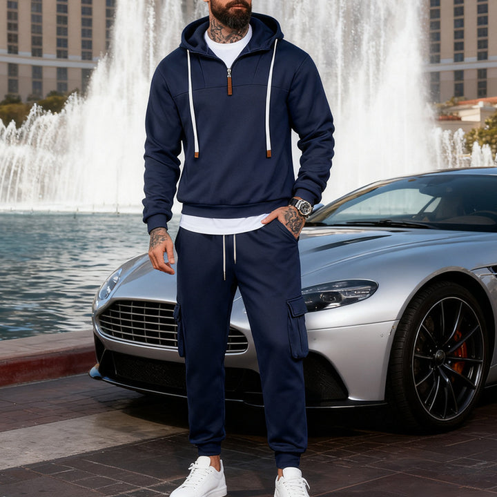 Herren nan lässiger Fleece-Jogginganzug mit halbem Reißverschluss und Cargo-Taschen Drune