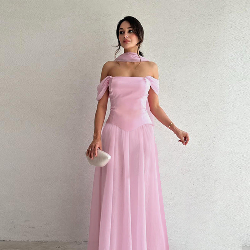 Damen Elegantes Abendkleid mit schulterfreien Puffärmeln und Choker Drune