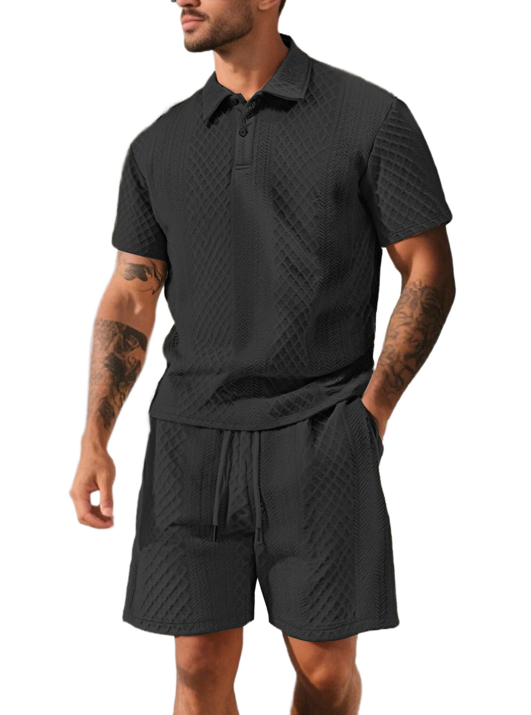 Herren nan strukturiertes Poloshirt- und Bermudashorts-Set aus gesteppter Baumwollmischung Drune