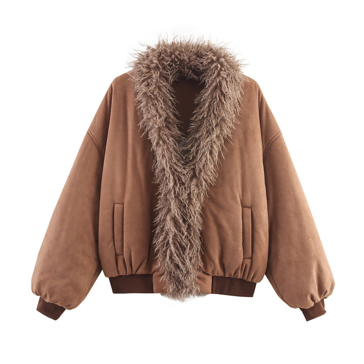 Damen modische Kurzarmpulloverjacke mit luxuriösem Faux-Fur Kragen Drune
