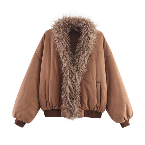Damen modische Kurzarmpulloverjacke mit luxuriösem Faux-Fur Kragen Drune
