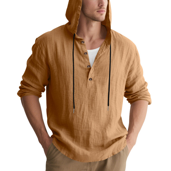 Herren nan lässiges Leinen-Henley mit Kapuze, Kordelzug und Dreiknopfleiste Drune