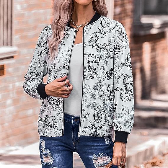 Damen Bomberjacke mit floralem Muster und elastischen Bündchen Drune