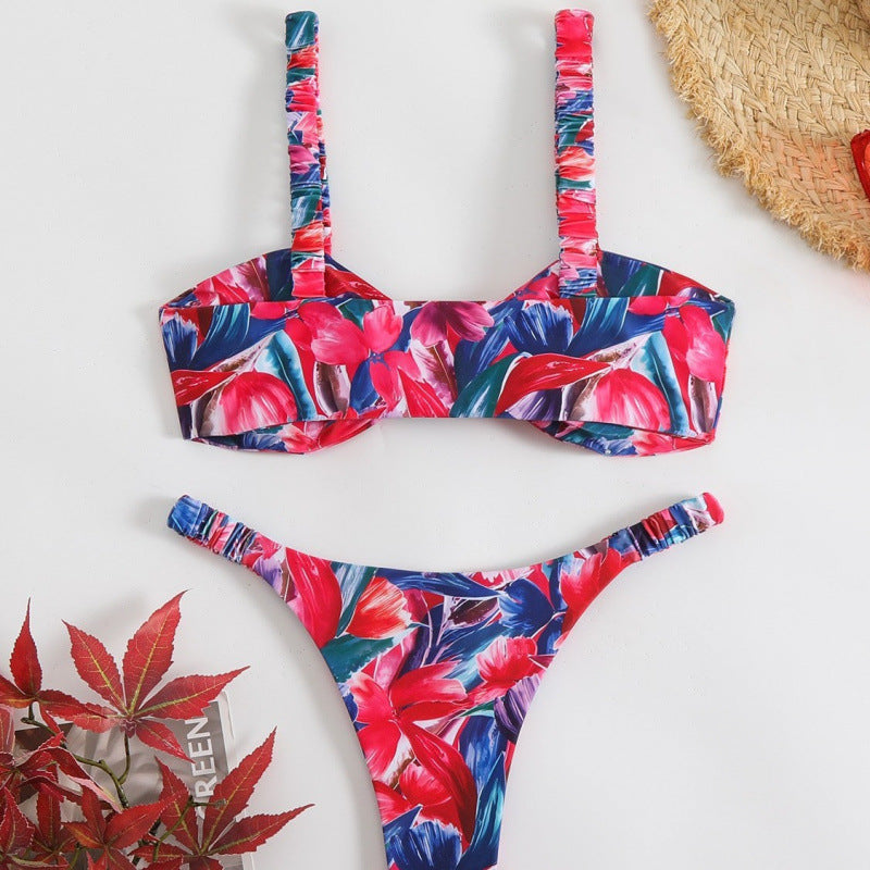 Damen Triangel-Bikini mit tropischem Druck und zarten Rüschen Drune