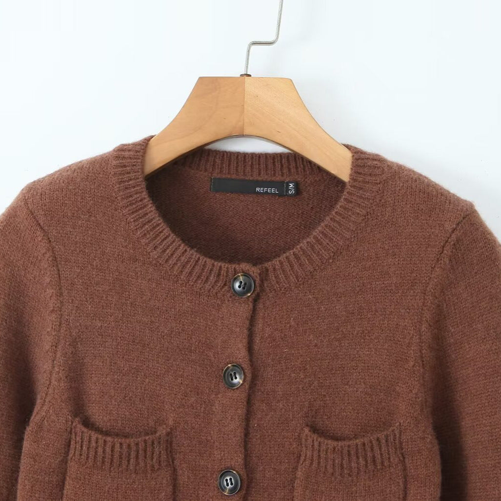 Damen lange Strickjacke mit Taschen und Knopfverschluss Drune