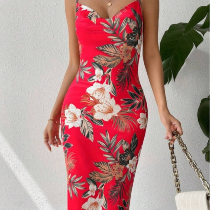 Damen Sommerliches Etuikleid mit floralem Design und Spaghetti-Trägern Drune
