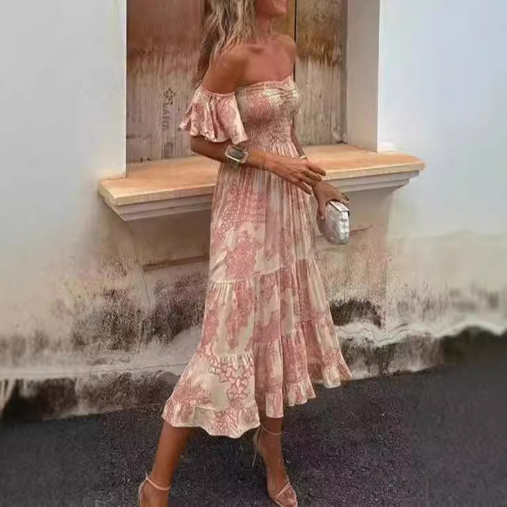 Damen Off-Shoulder Maxikleid mit Rüschendetails und elastischem Taillenband Drune