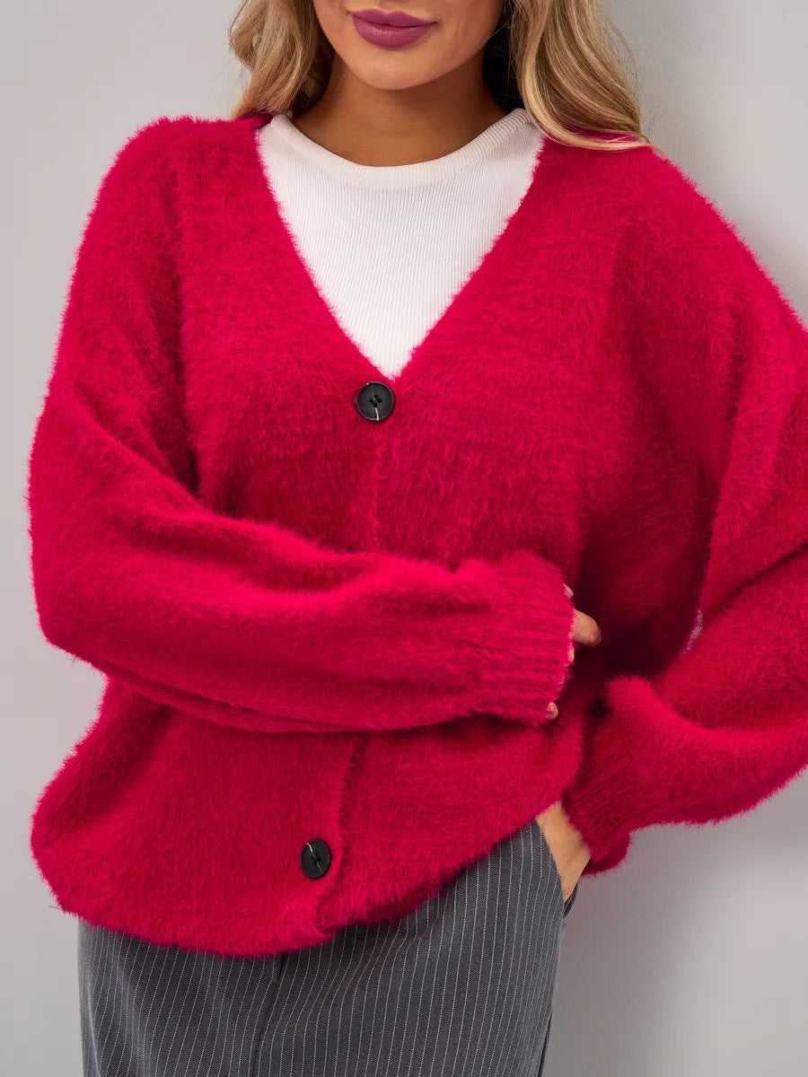 Damen Flauschiger Cardigan mit tiefem V-Ausschnitt und Knopfdetails Drune