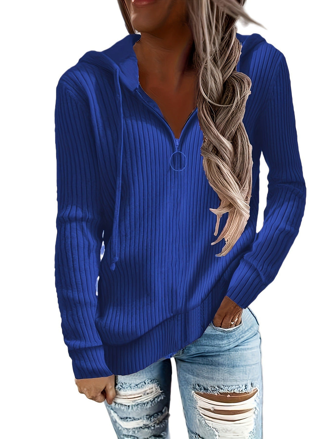 Damen lässiger Zip-Hoodie mit strukturiertem Rippmuster Drune