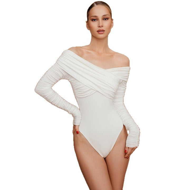 Damen Eleganter Off-Shoulder Body mit gerafften Ärmeln Drune