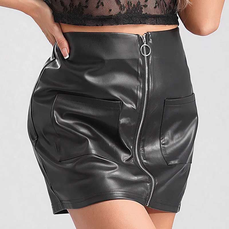 Damen kurzer Kunstlederrock mit kontrastierenden Taschen und modischem Reißverschluss Drune