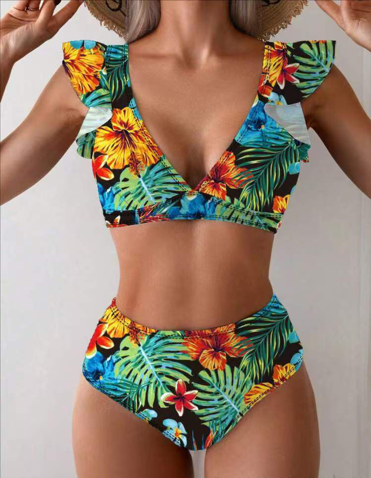 Damen Bikini-Set mit verspielten Rüschen und floralen Mustern Drune