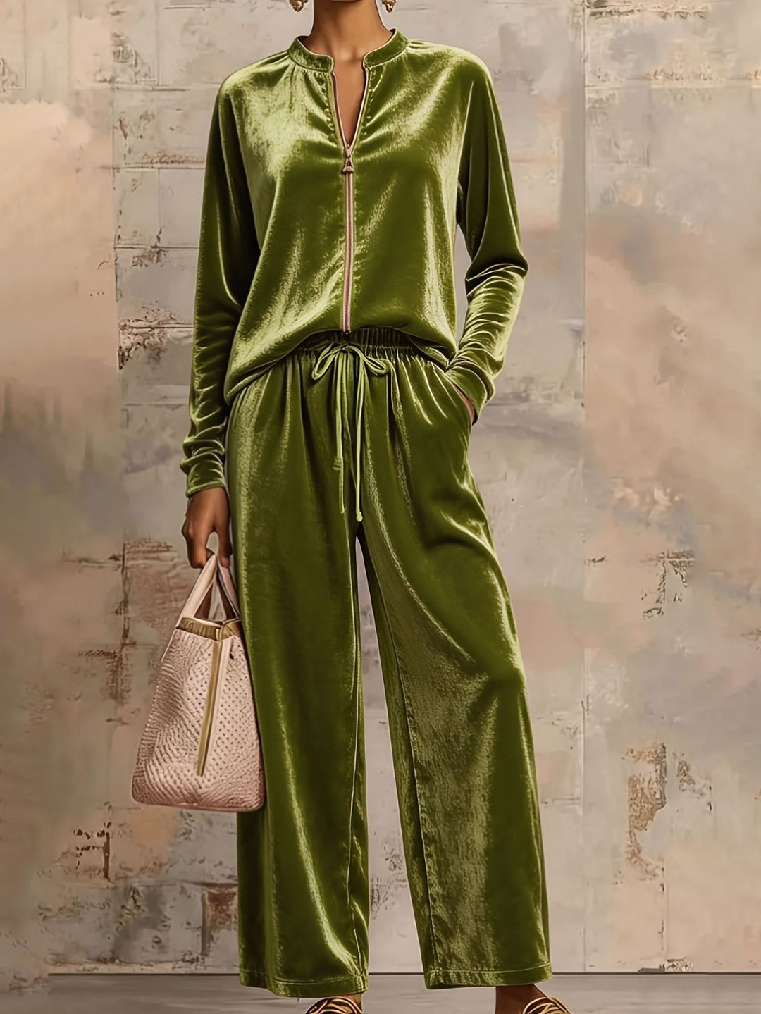 Damen nan samtiges Lounge-Set mit Stehkragen Reißverschlussoberteil und Kordelbundhose Drune
