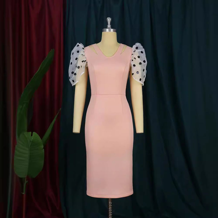 Damen Figurbetontes Kleid mit transparenten Puffärmeln Drune