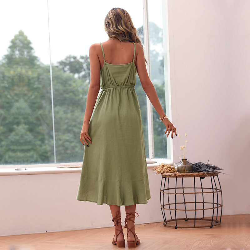 Damen Maxikleid mit schwingendem Volant und Knopfdetails Drune