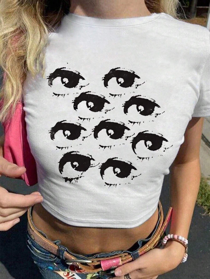 Damen Crop-T-Shirt mit kreativem Augenmotiv Drune
