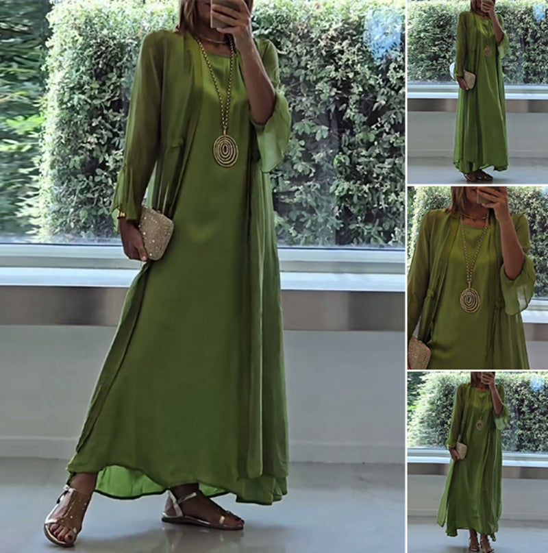 Damen nan doppellagiges Abendmaxikleid mit transparentem Überwurf, geschmeidigem Innenkleid, Taillenbändern und Trompetenärmeln Drune