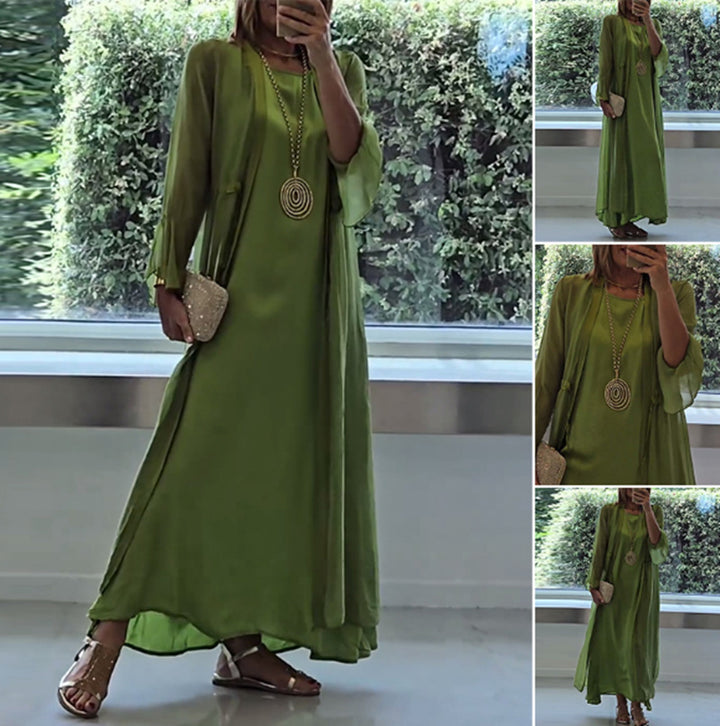 Damen nan doppellagiges Abendmaxikleid mit transparentem Überwurf, geschmeidigem Innenkleid, Taillenbändern und Trompetenärmeln Drune