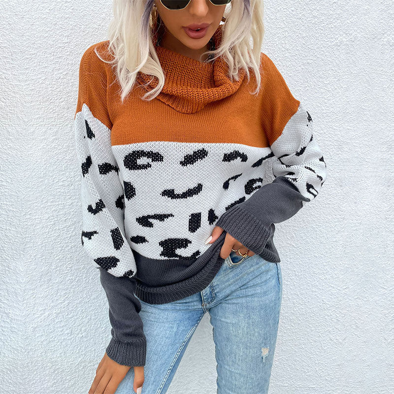 Damen Grober Strickpullover mit Leo-Muster und hohem Kragen Drune