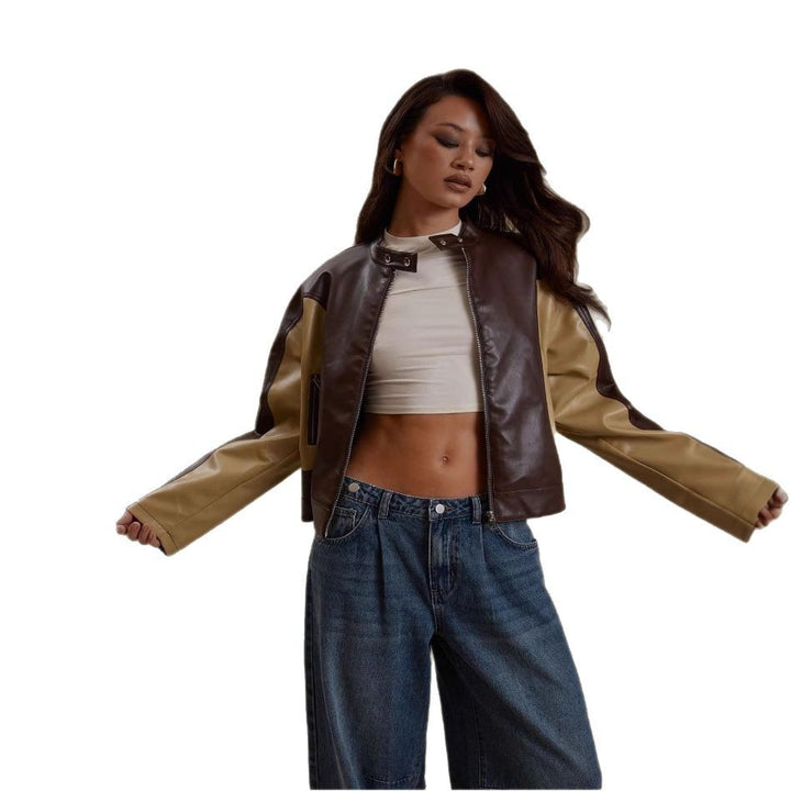 Damen modische Kunstlederjacke mit kontrastierenden Ärmeln Drune
