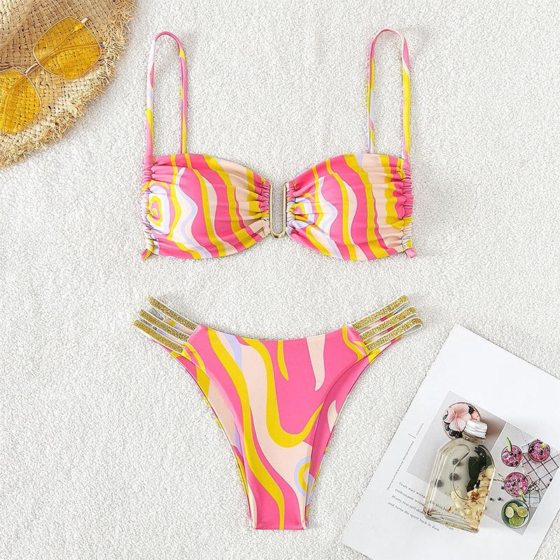 Damen Zweiteiliges Bikini-Set mit modischem Wickeldesign und elastischen Trägern Drune