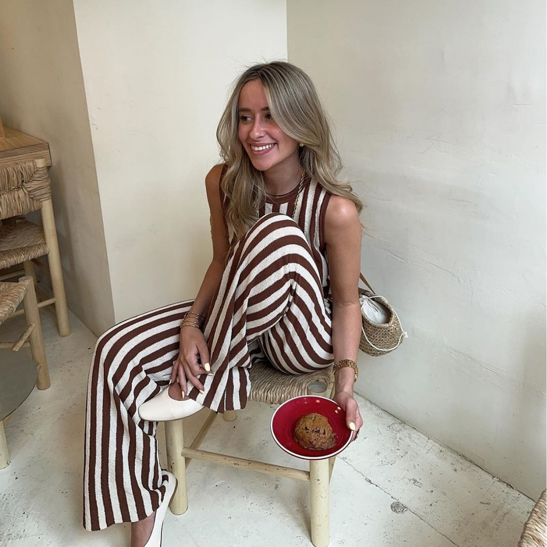 Damen lässiger Jumpsuit mit gestreiftem Design und hohem Bund Drune