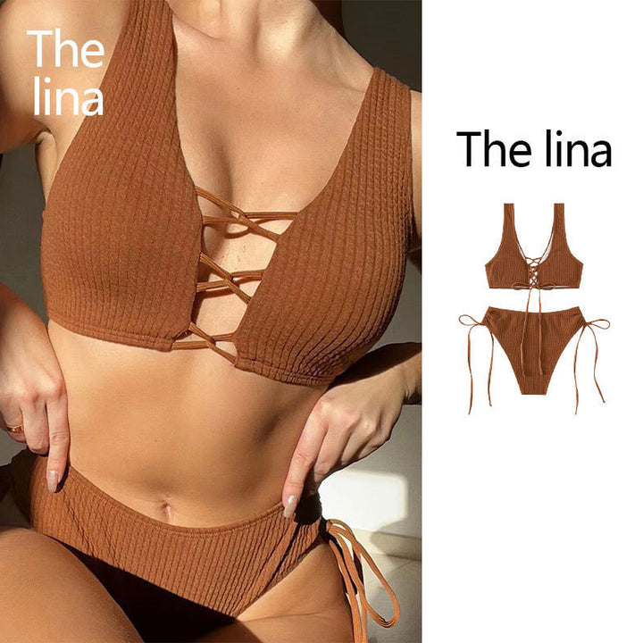 Damen Bikiniset mit raffiniertem Bindedesign und hochgeschnittenem Unterteil Drune