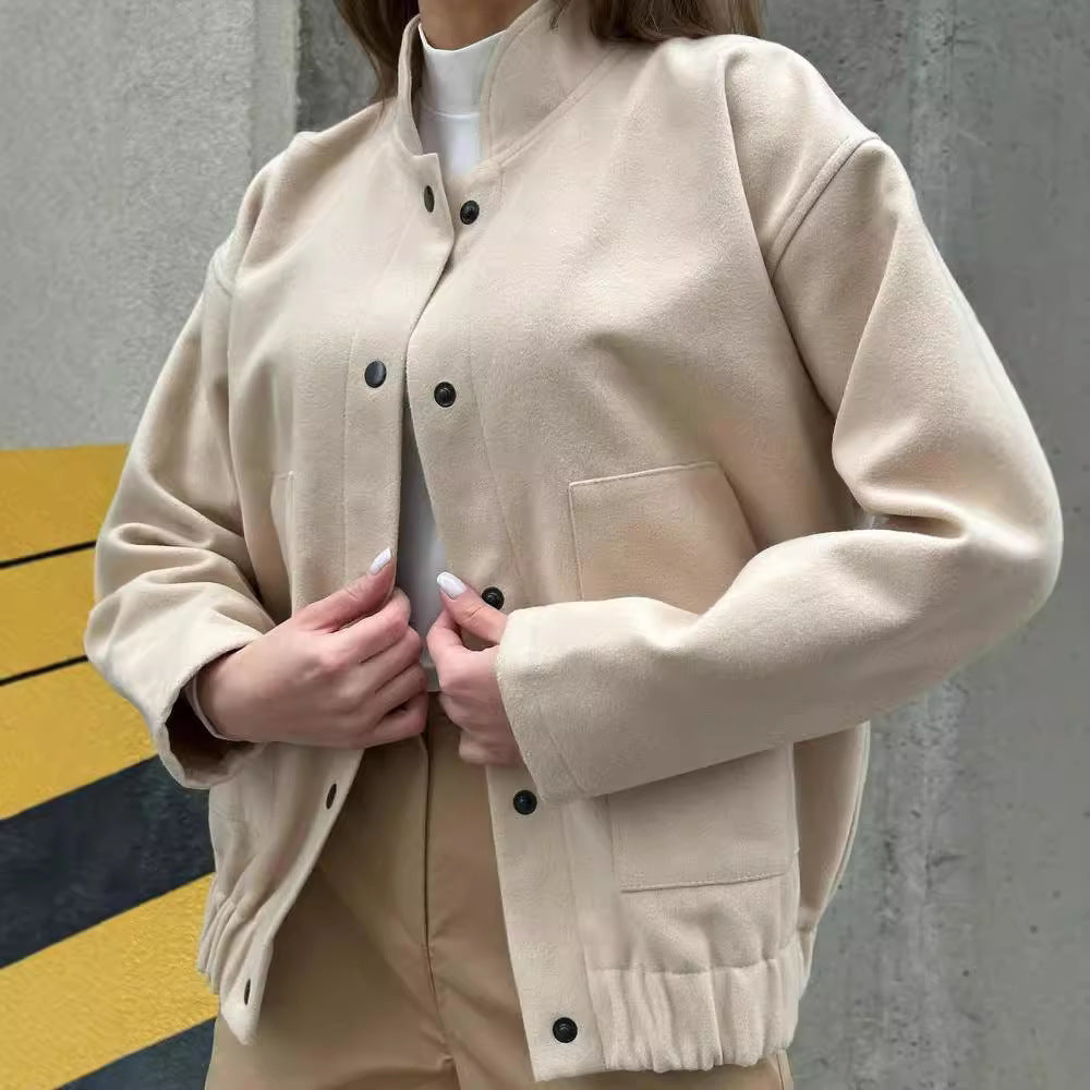 Damen lässige Collegejacke mit Knopfverschluss und Taschen Drune
