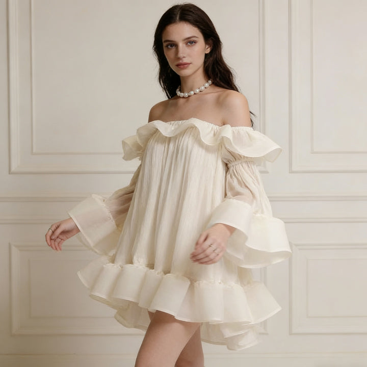 Damen Verspielt-romantisches Minikleid mit Volants und schulterfreiem Design Drune