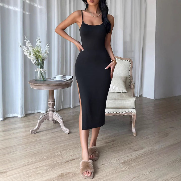 Damen figurbetontes Maxi-Kleid mit schmalen Spaghettiträgern und seitlichem Schlitz Drune