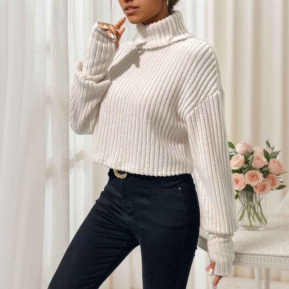 Damen cropped Pullover mit hohem Kragen und feiner Rippstruktur Drune
