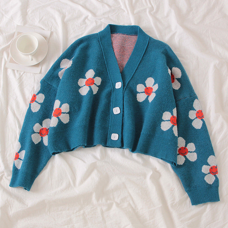 Damen grobstrick Cardigan mit floralem Muster und Knopfdetails Drune