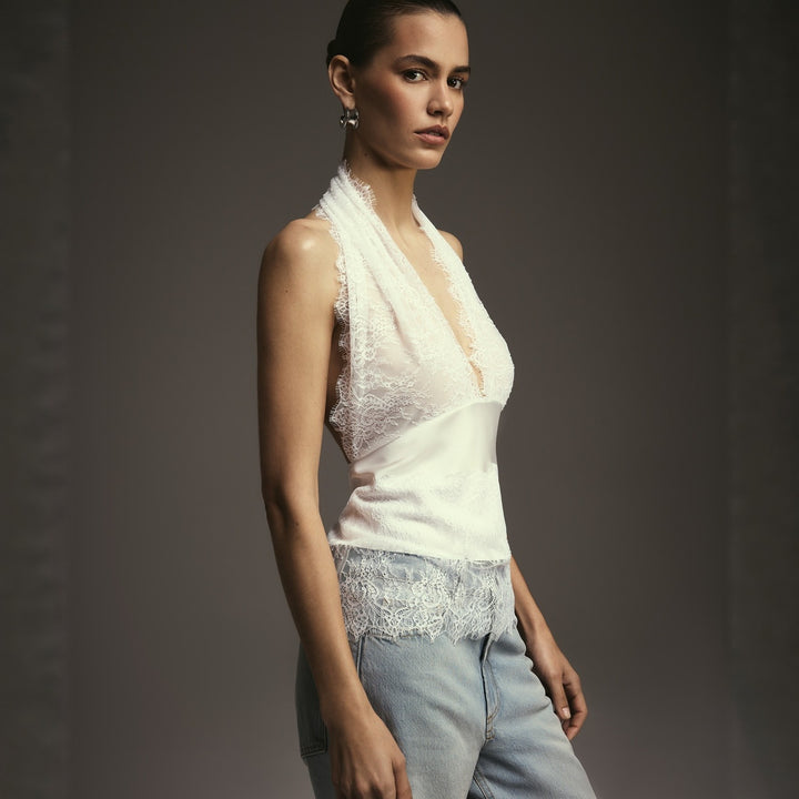 Damen Elegantes Oberteil mit Spitzendetails und tiefem V-Ausschnitt Drune