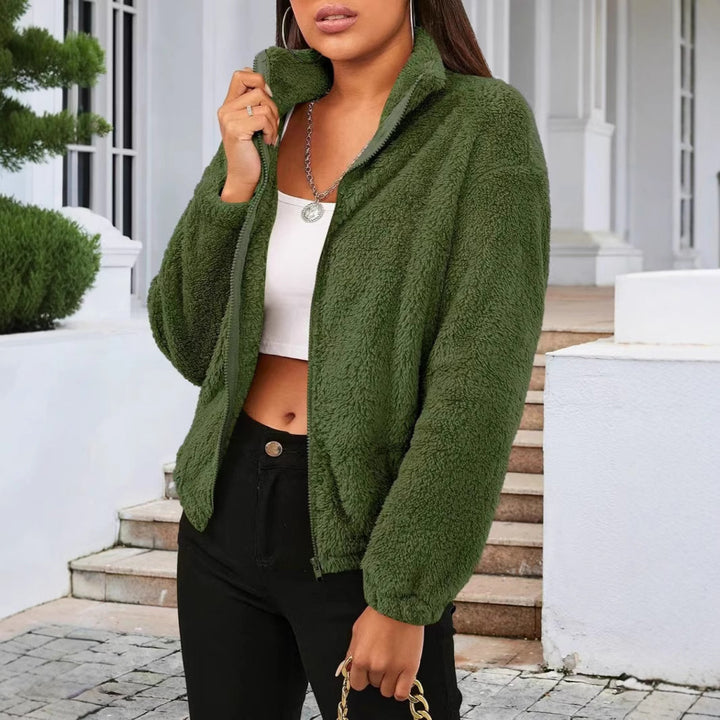 Damen kuschelige Teddyjacke mit hohem Kragen und aufgestelltem Reißverschluss Drune