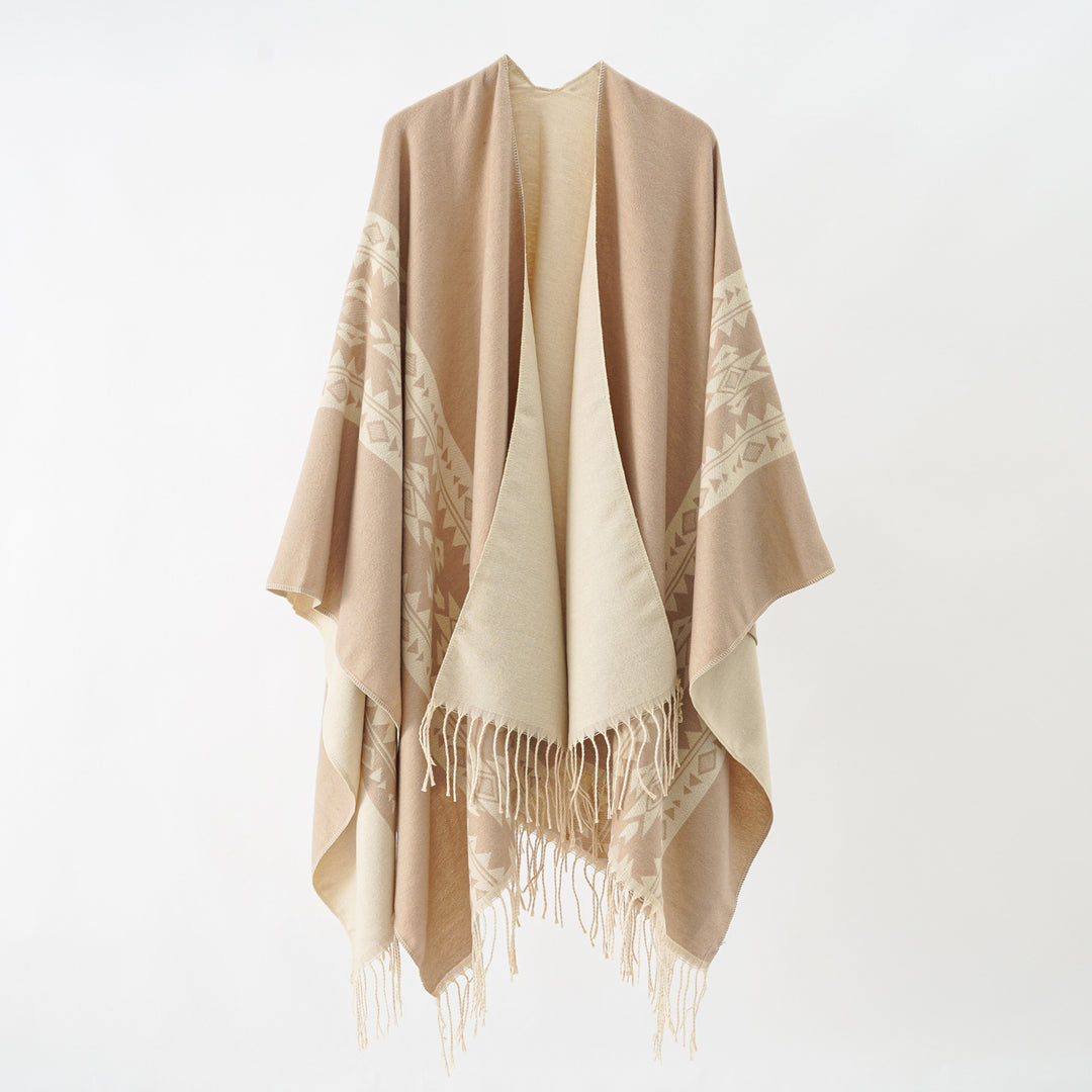 Damen eleganter Strickponcho mit kunstvollen Fransen und floralen Akzenten Drune