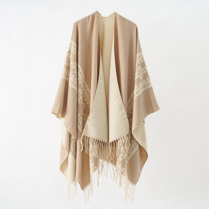 Damen eleganter Strickponcho mit kunstvollen Fransen und floralen Akzenten Drune