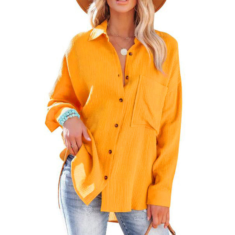 Damen lässige Bluse im Oversized Schnitt mit Knopfleiste und praktischen Taschen Drune