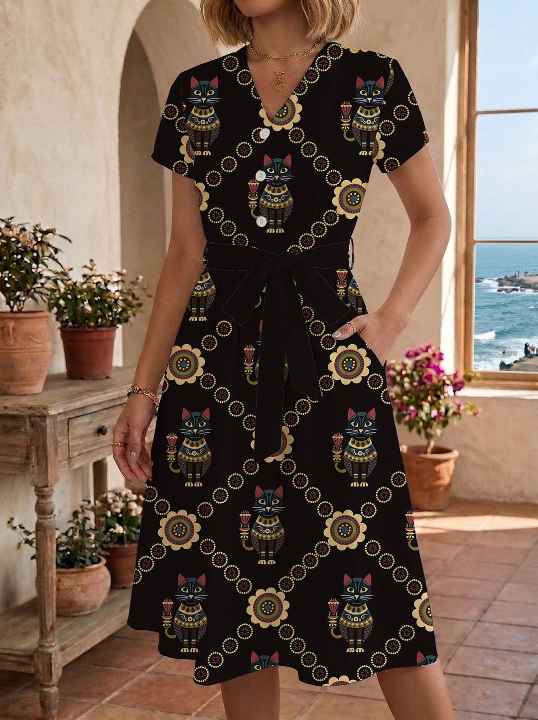 Damen Sommerliches Kleid mit taillierbarem Bindegürtel und floralem Muster Drune