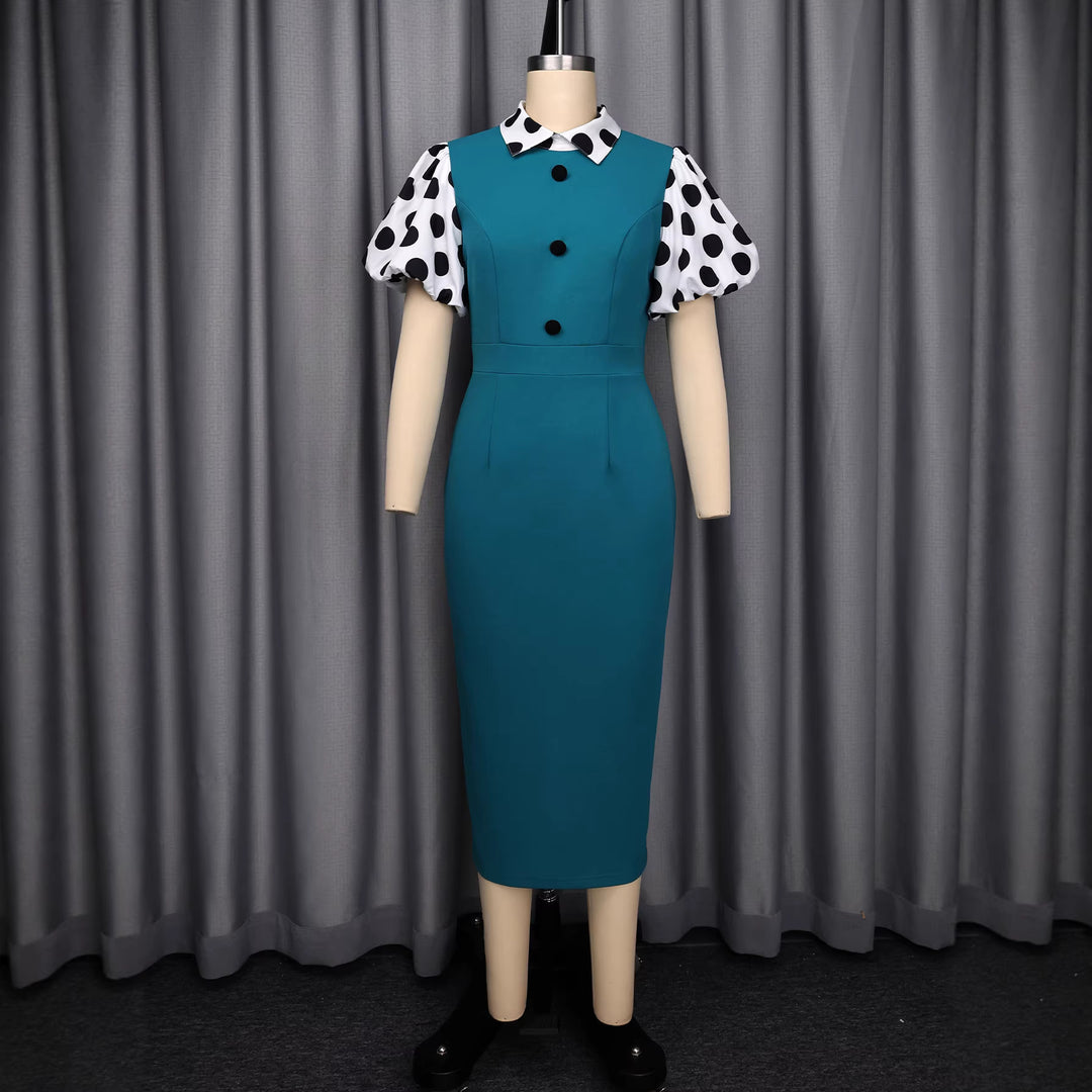 Damen figurbetontes Midi-Kleid mit polka-dot Ärmeln Drune
