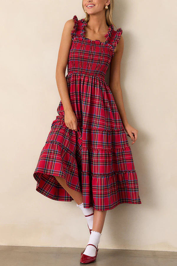 Damen Maxikleid mit voluminösen Rüschendetails und klassischen Karo-Muster Drune