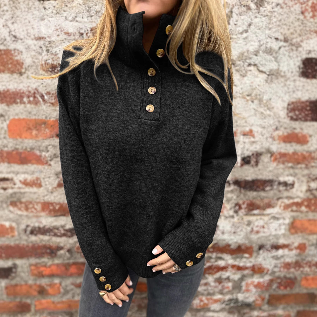 Damen kuscheliger Pullover mit hohem Kragen und dekorativen Knopfdetails Drune