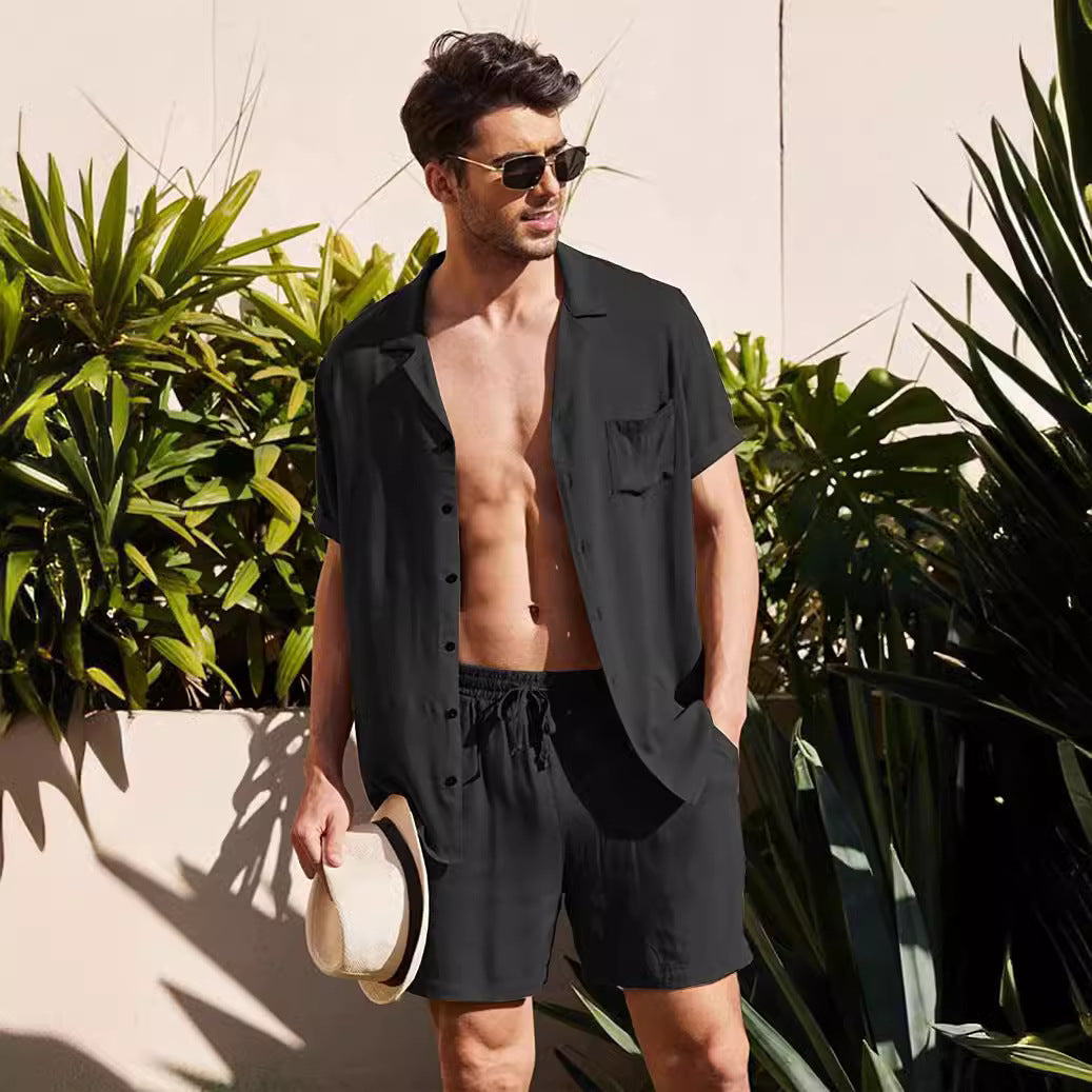 Herren nan zweiteiliges Sommer-Freizeitensemble mit offenem Revershemd und elastischer Kurzhose Drune