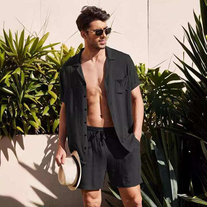 Herren nan zweiteiliges Sommer-Freizeitensemble mit offenem Revershemd und elastischer Kurzhose Drune