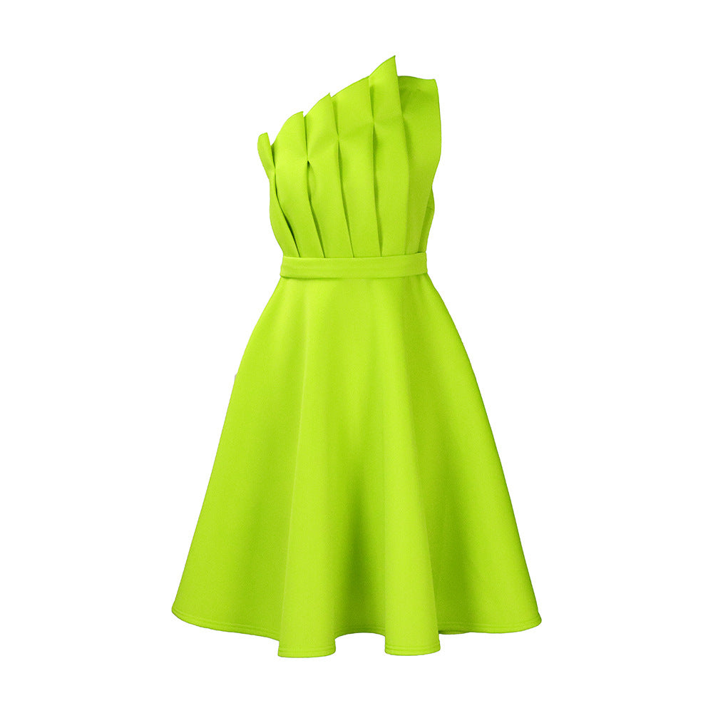 Damen A-linien Kleid mit voluminösen Rüschen und elegantem Taillengürtel Drune