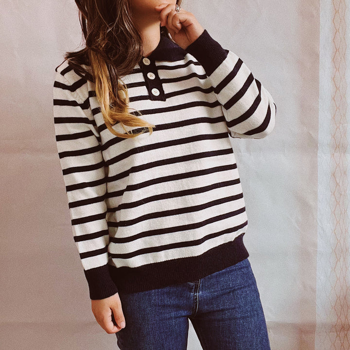 Damen legerer Streifenpullover mit Knopfleiste und weitem Schnitt Drune