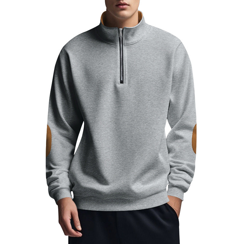 Herren nan halbhoher Zip-Pullover mit Stehkragen, Ellbogen-Patches und modernem Regular Fit Drune