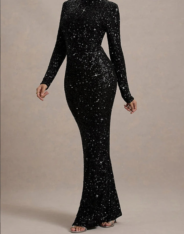 Damen Glitzerndes Abendkleid mit hohem Kragen und figurbetontem Schnitt Drune